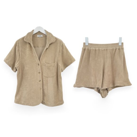 Frankie's Bikinis Pants - NWOT Frankies Bikinis 2-Piece Beige "Coco" Terrycloth Shirt & Shorts Set sz M
